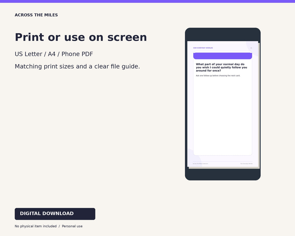 Print and screen formats for 100 Questions Across the Miles