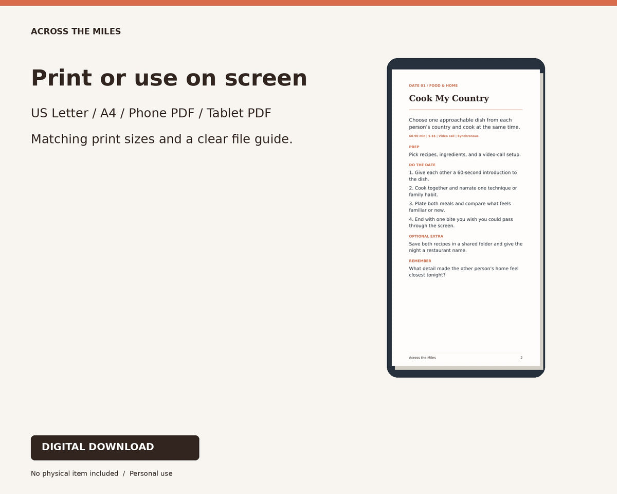 Print and screen formats for 52 Dates Across the Miles