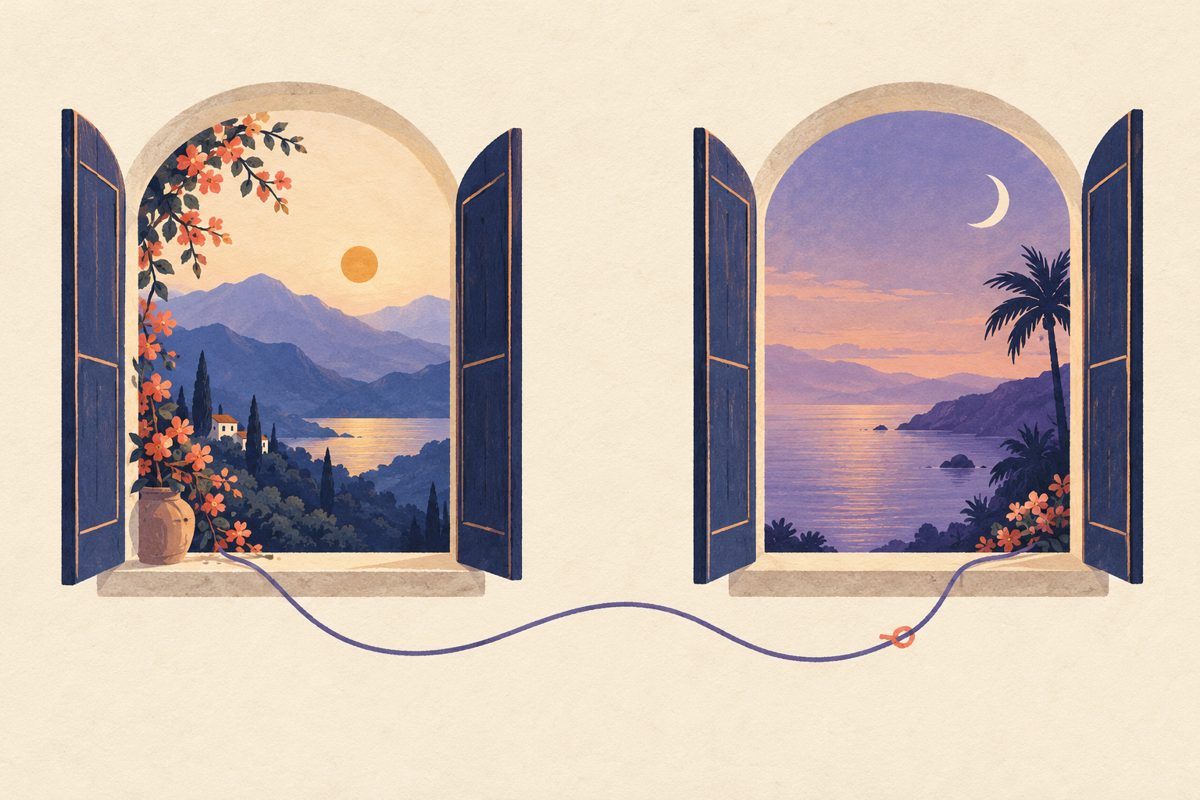 Two windows overlooking different landscapes, connected by a violet thread.